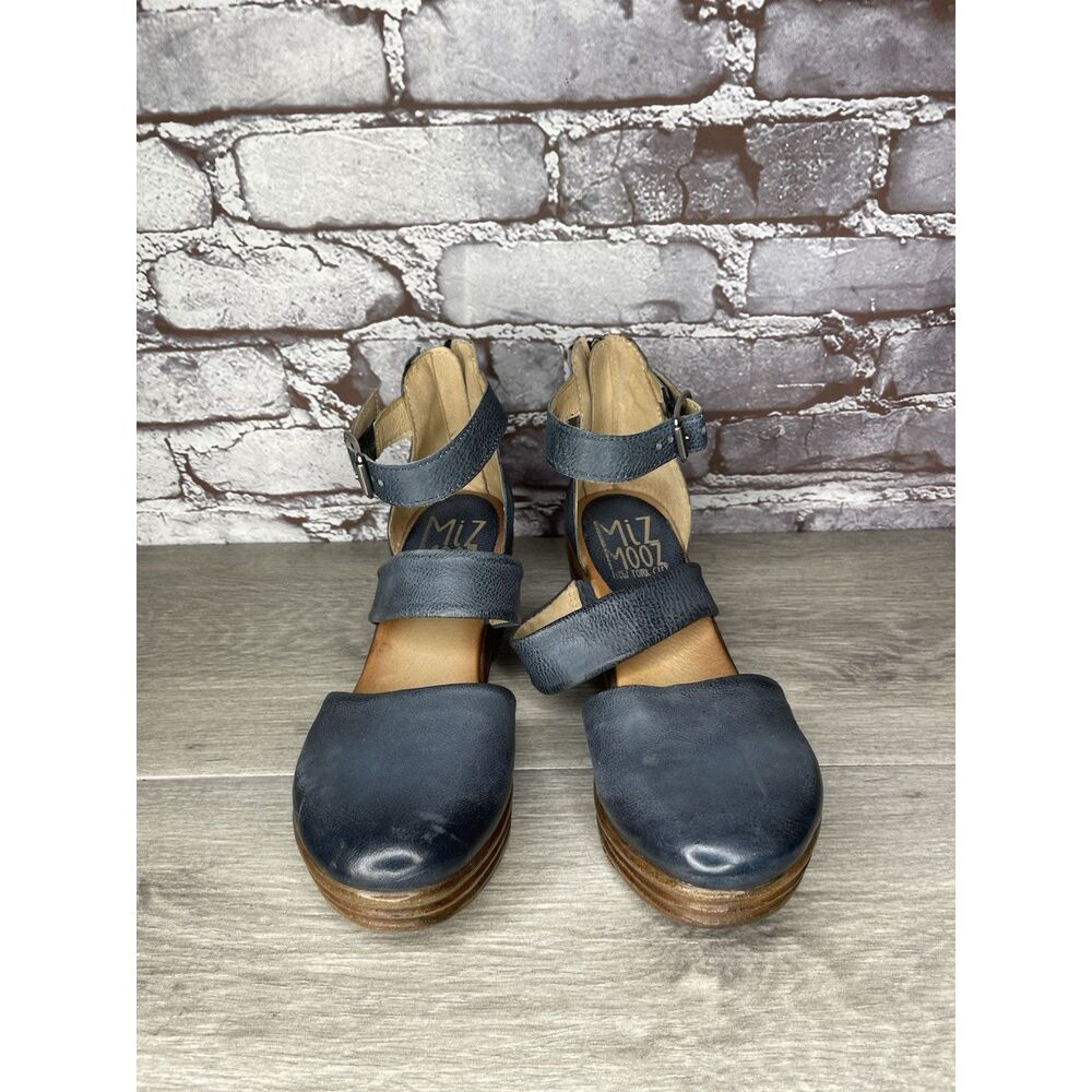 Miz Mooz Blue Leather Ankle Strap Wedge Clogs Shoes Women Sz 37EU/6.5M US